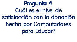 Pregunta 4. Cuál es el nivel de satisfacción con la donación hecha por Computadores para Educar? 